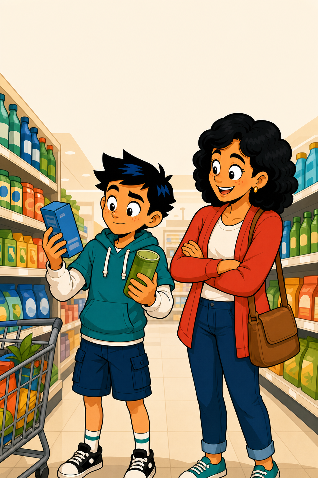 Un niño compara dos productos junto a su mamá en el supermercado