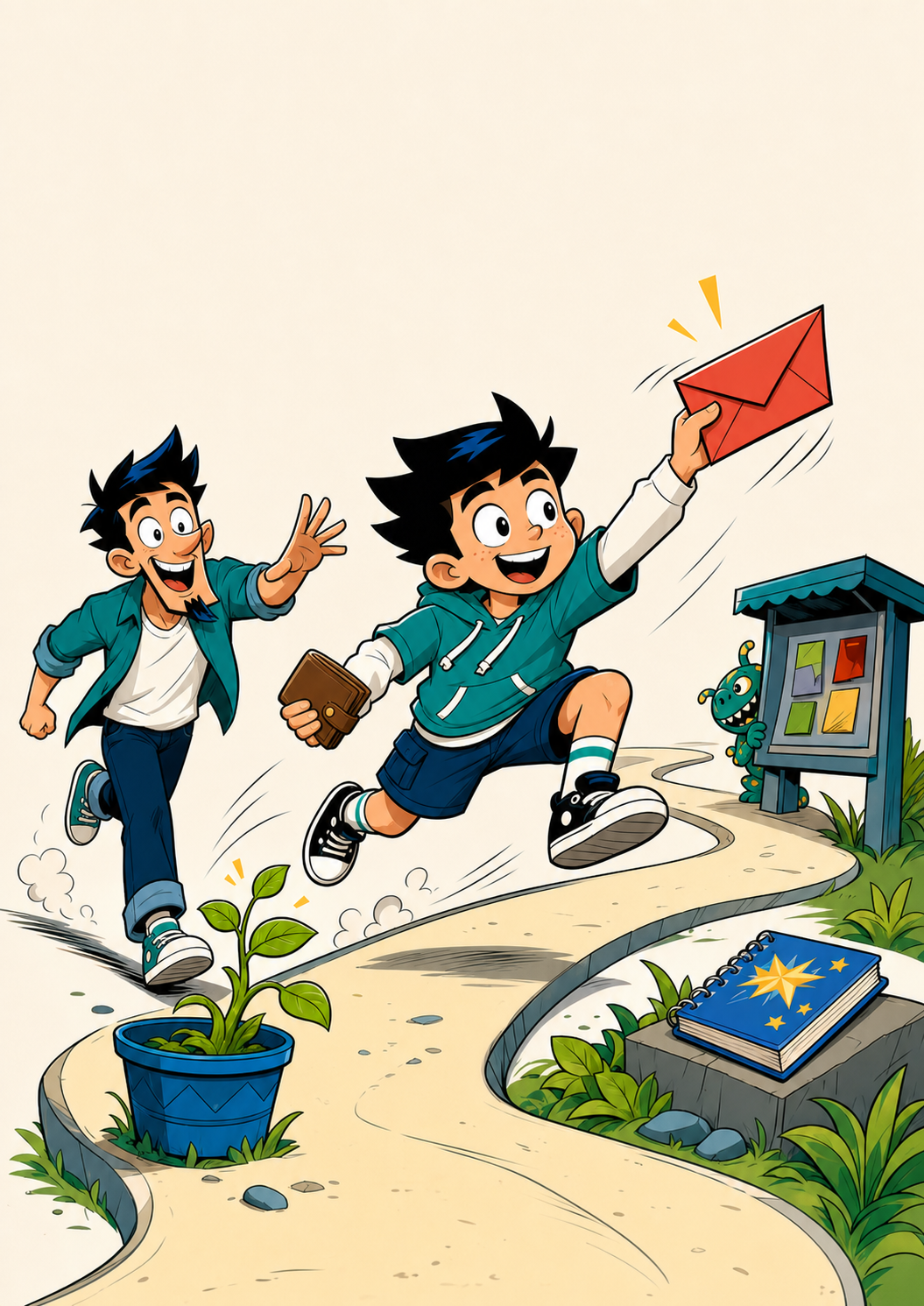 Un niño recorre un camino con una billetera, un sobre, una planta y una guía